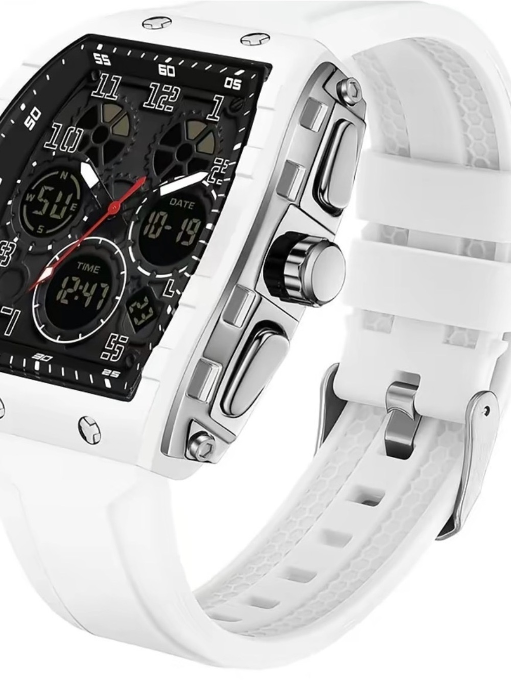White Sport Digital-Analog Watch with Red Accent